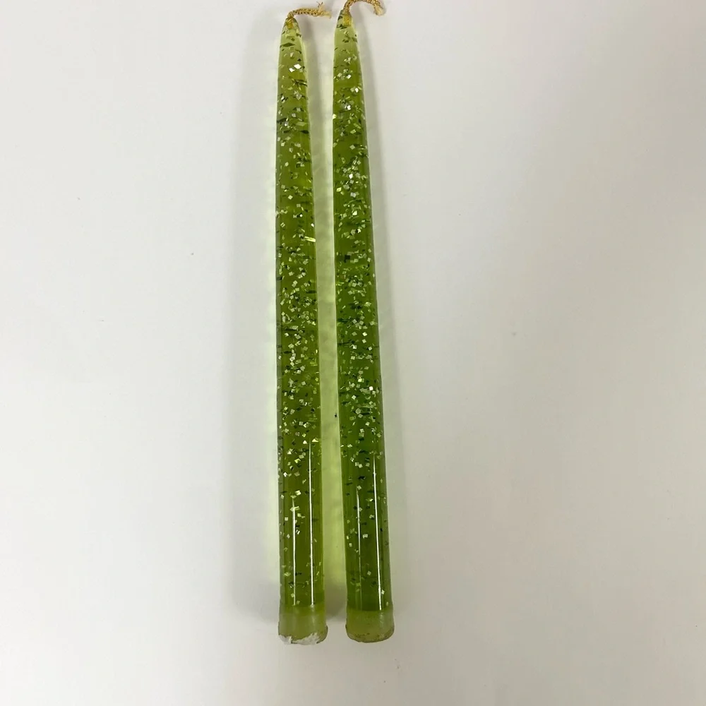 PAIR MID CENTURY MODERN LUCITE CANDLES Avocado Green Gold Wick Flecks 12” 1950’s - Picture 2 of 4